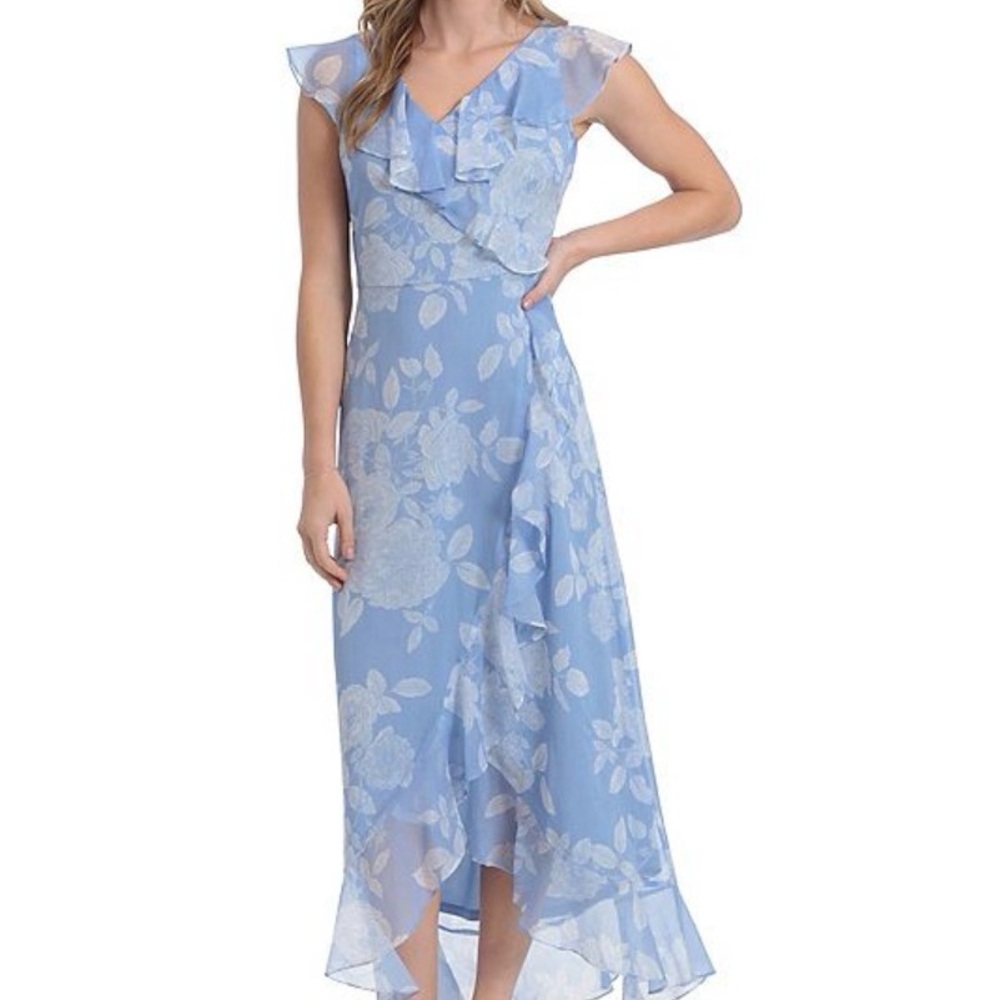 London Times Light Blue Floral High Low Dress